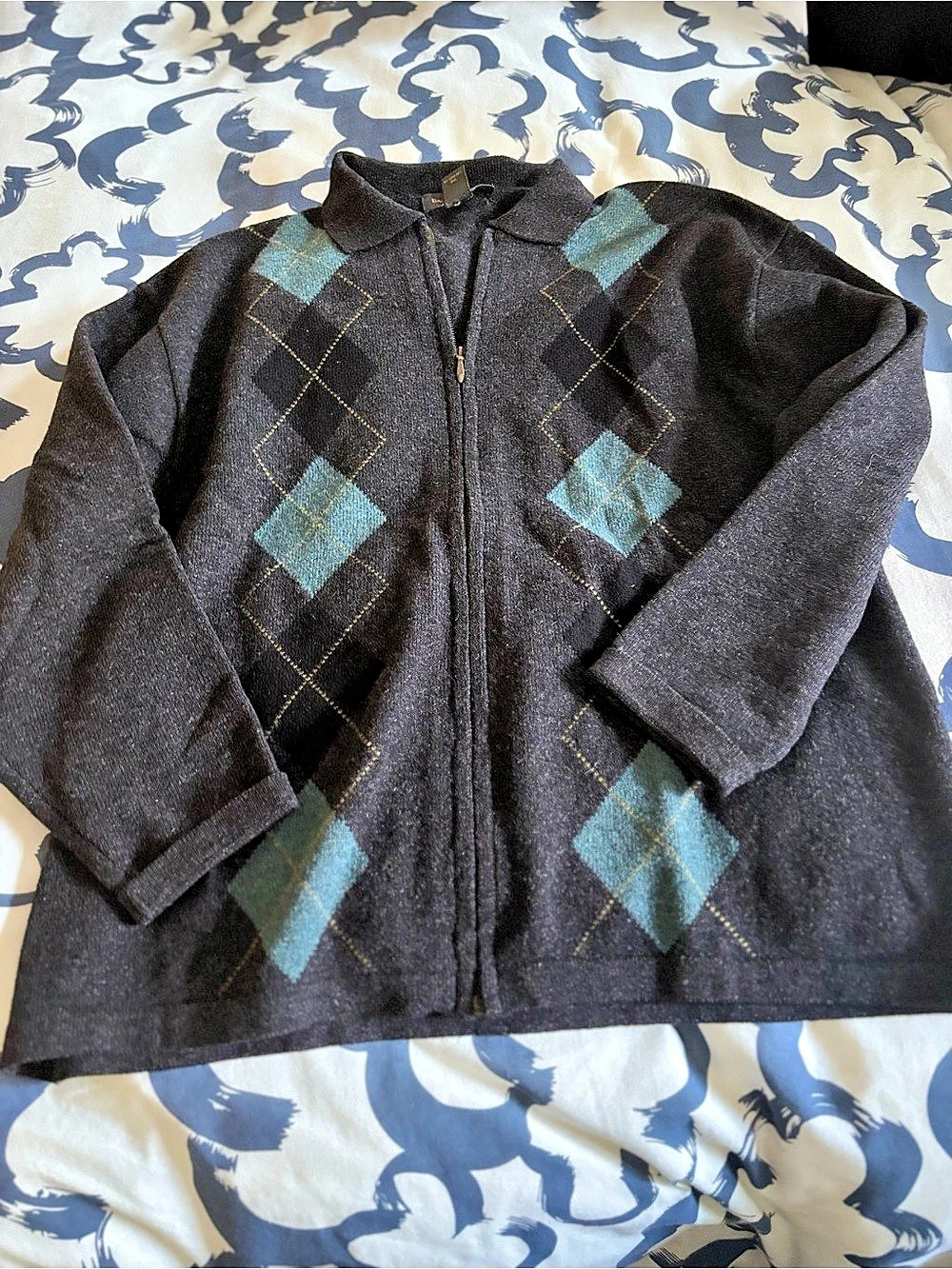 Banana Republic Argyle Zip Cardigan in Gray & Blue Size XL